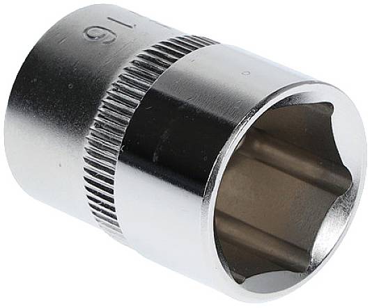 Metallische Sechskant-Stecknuss mit geriffeltem Griff und glatter Oberfläche, zeigt die Größe 16 an.