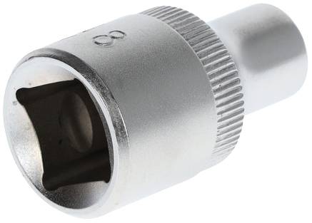Metallische Stecknuss mit quadratischer Öffnung und geriffeltem Rand, geeignet für Schraubenschlüssel.