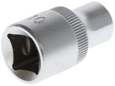 Metallische Stecknuss mit der Zahl '10' eingraviert, zylindrische Form mit Riffelung für besseren Halt, verwendet für Schraubarbeiten.
