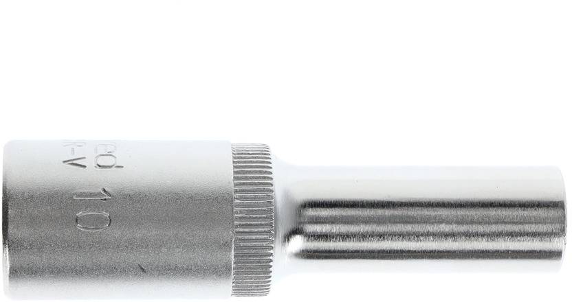 Metallischer Steckschlüsselaufsatz, zylindrische Form, mit geriffeltem Rand und eingravierter Beschriftung, für Werkzeuge geeignet.