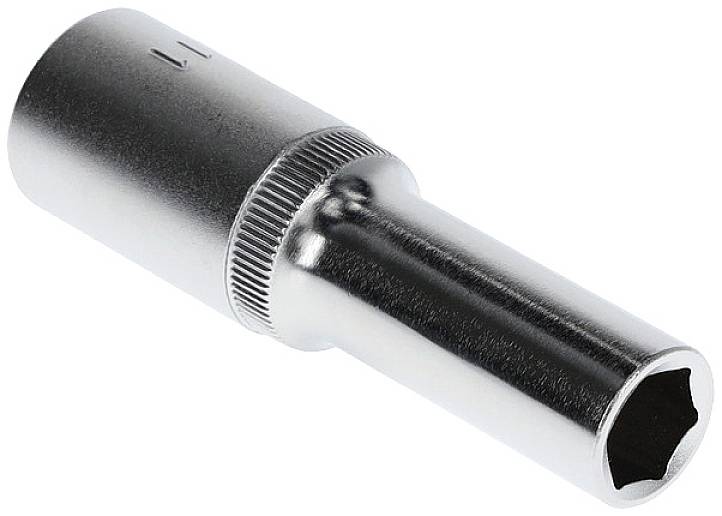 Ein silberner Steckschlüssel für Schrauben besteht aus Metall mit einem sechskantigen Ende.
