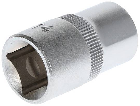 Metallische Steckschlüssel-Nuss, hexagonal, mit geriffeltem Rand, geeignet für die Verwendung mit einem Steckschlüsselsatz.