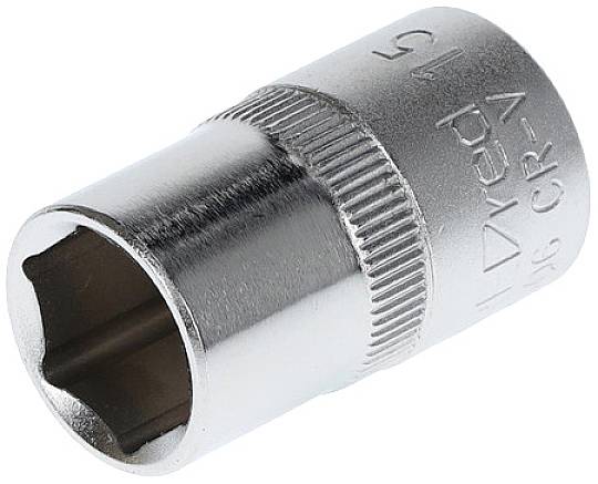 Metallische Stecknuss mit geriffeltem Griff und eingeprägter Größe, ohne weiteren Kontext sichtbar.