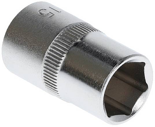 Steckschlüsseleinsatz aus Metall mit Sechskantöffnung und geriffeltem Griff, angegeben mit der Größe 13 auf der Seite.