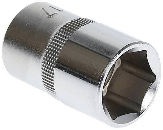 Metallische Stecknuss mit sechseckiger Öffnung, geeignet für den Einsatz in Hand- oder Elektrowerkzeugen zum Festziehen oder Lösen von Schrauben.