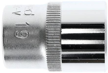 Metall-Steckschlüsselaufsatz in zylindrischer Form mit geriffeltem Griffbereich, geeignet für 19-mm-Sechskantmuttern.