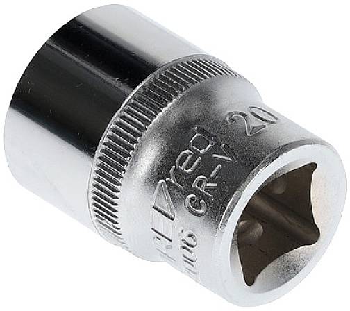 Eine silberne Stecknuss mit der Gravur '24 mm' und einer sechseckigen Öffnung für Schraubenschlüssel.