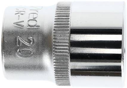 Die Abbildung zeigt eine silberne Steckschlüssel-Nuss mit der Gravur '20'. Sie ist aus Metall und hat einen geriffelten Rand.