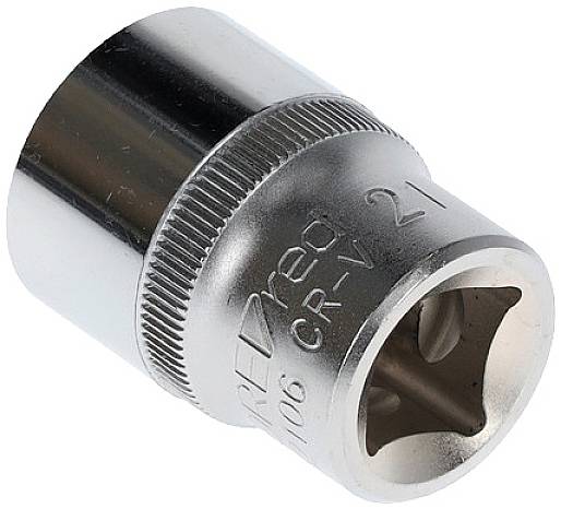 Metallische Steckschlüssel-Nuss, zylindrische Form, mit 21 mm Beschriftung, verwendet für Muttern oder Schrauben.