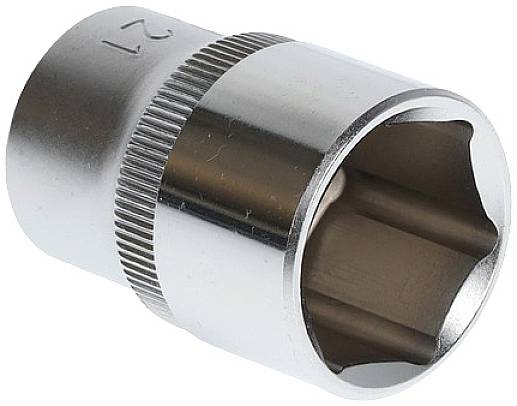 Eine silberne Stecknuss mit sechseckiger Öffnung, auf die Zahl '21' geprägt ist. Sie ist aus Metall gefertigt.