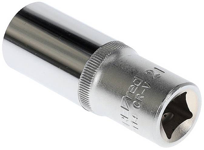 Metallschraubenschlüsselaufsatz, zylindrische Form, silberne Farbe, mit eingeprägter Größenangabe '21 mm' und Material 'CR-V'.