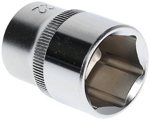 Metall-Steckschlüssel, sechskantig, glänzend, zum Anziehen oder Lösen von Schrauben, häufig in Werkstätten verwendet.