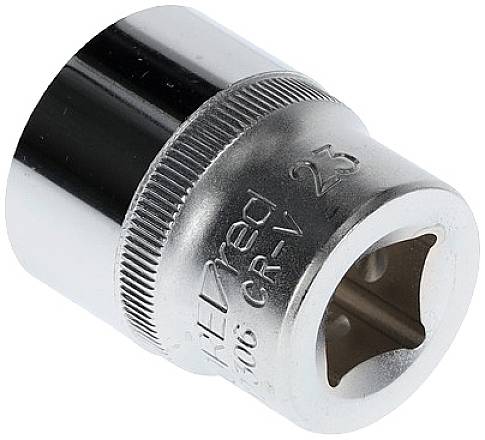 Metallische Stecknuss mit geriffeltem Rand, Aufschrift '23' und Produktinformationen. Verwendet für Schraubenarbeiten.