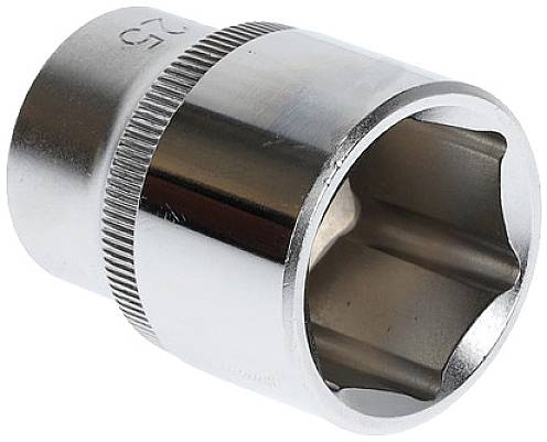 Steckschlüssel, Größe 22, aus silbernem Metall, zeigt Verzahnungen innen. Werkzeug zum Drehen von Schraubenmuttern.