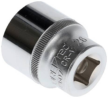 Metallischer Steckschlüsseleinsatz mit versenktem Vierkantloch und geriffeltem Ring, geeignet für Schraubarbeiten.