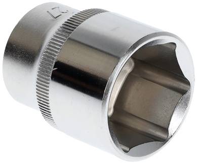 Metallische Stecknuss für einen Steckschlüssel, zylindrische Form mit geriffeltem Griffbereich, sechskantige Innenform für Schrauben.