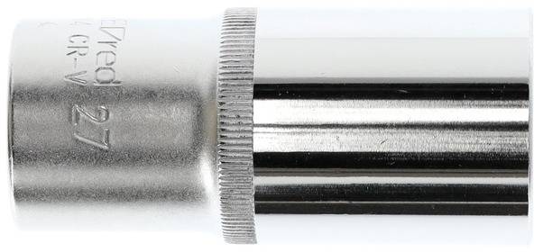 Steckschlüssel-Aufsatz aus Metall, zylinderförmig, mit geriffelter Kante und eingravierter Größe '27 mm'.