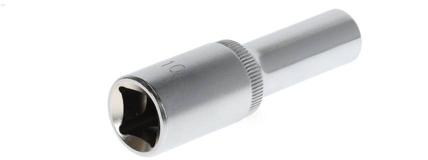 Steckschlüssel mit geriffeltem Griff, aus Metall, seitliche Gravur '10'.