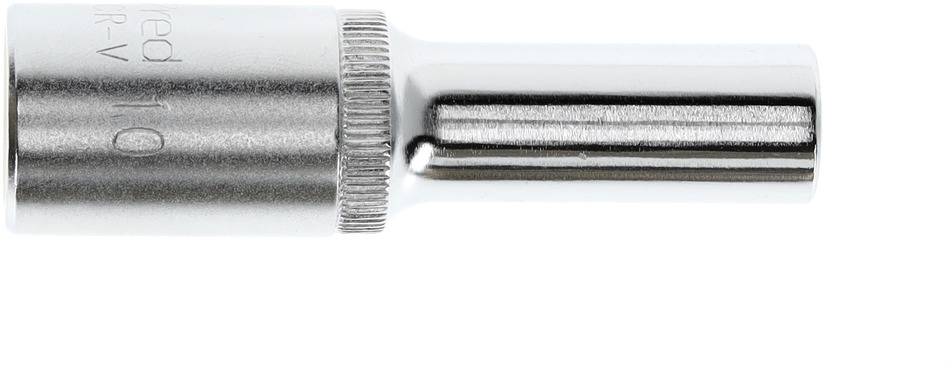 Ein silberner Steckschlüsselaufsatz, zylindrisch geformt, aus Metall.