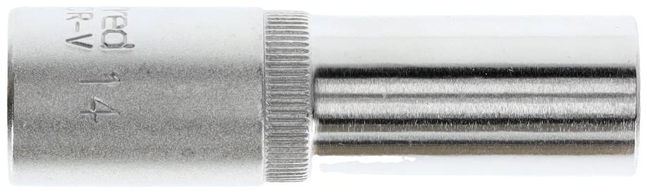 Metallische Stecknuss mit der Aufschrift '14' für Werkzeuge, zylindrisch geformt, mit geriffeltem Ende für besseren Halt.