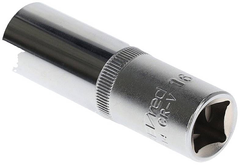 Steckschlüsselaufsatz aus Metall, CR-V 16 mm, geeignet für Schraubarbeiten an Maschinen oder im Fahrzeugbereich.