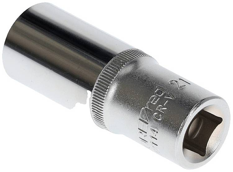 Chromfarbene Sechskant-Stecknuss mit Aufschrift '21 mm' für Schraubarbeiten, erkennbar an robustem Design, zylindrischer Form.