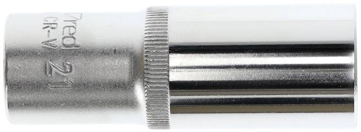 Metallische Stecknuss mit '21' Gravur, geeignet für CR-V Werkzeug. Silberne, zylindrische Form mit gerändeltem Abschnitt für besseren Halt.