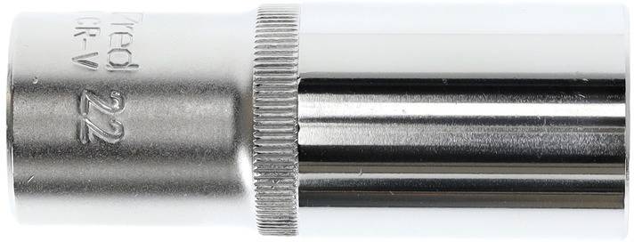 Eine silberne Stecknuss mit der eingravierten Zahl '22'. Sie besteht aus glänzendem Metall und hat geriffelte Ränder für besseren Halt.