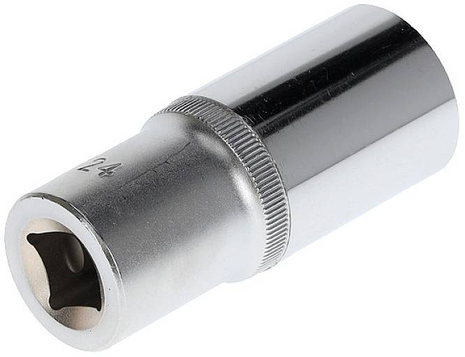 Silberne 24-mm-Stecknuss, Seitenansicht. Verwendet, um Muttern und Bolzen mit einem Drehmomentschlüssel oder Ratsche zu drehen.