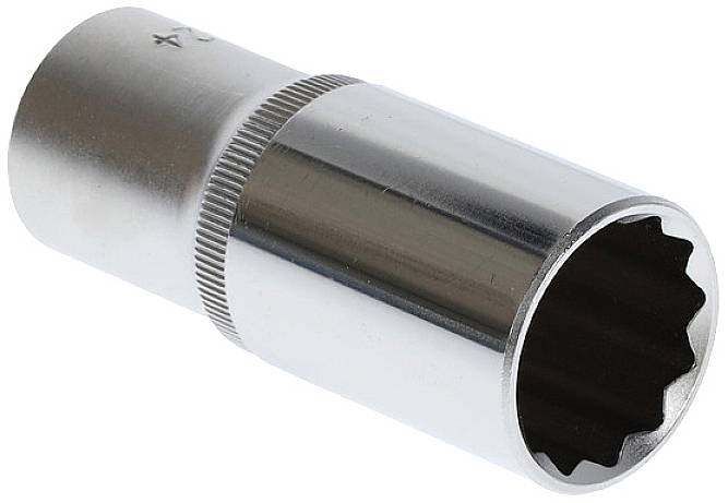 Chrom Socket mit gerändeltem Griff, zylindrische Form, für Werkstatt- oder Reparatureinsatz geeignet.