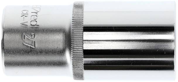 Silberne 27-mm-Stecknuss für Schraubenschlüssel aus Chrom-Vanadium-Stahl, zylindrische Form, geeignet für mechanische Arbeiten.