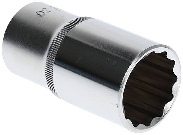 Metallische Stecknuss mit geriffeltem Griff, silberfarben. Verwendet für Schraubarbeiten an Autos oder Maschinen.