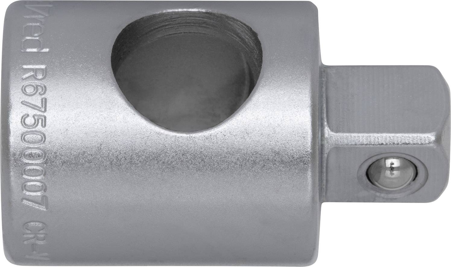 Ein silberner Adapter für Steckschlüssel mit seitlichem Loch und eingestanzter Beschriftung, die technische Details angibt.