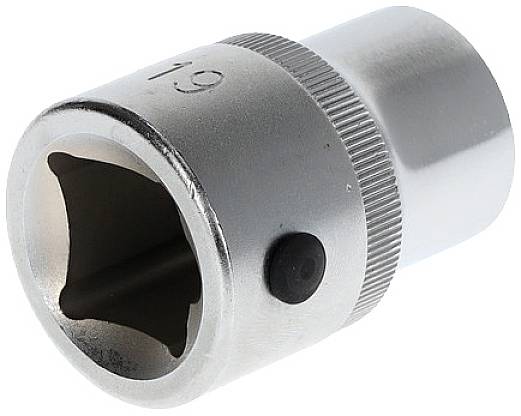 Stecknuss aus Metall mit gerändeltem Griff und schwarzem Arretierstift; Größe '19' aufgedruckt. Werkzeug für Schraubarbeiten.