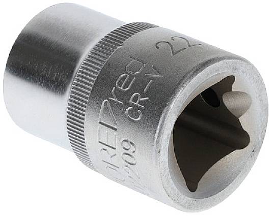 Steckschlüsselaufsatz aus Metall, auf der Seite mit Gravur '22 mm'. Verwendet für das Lösen oder Anziehen von Muttern und Schrauben.