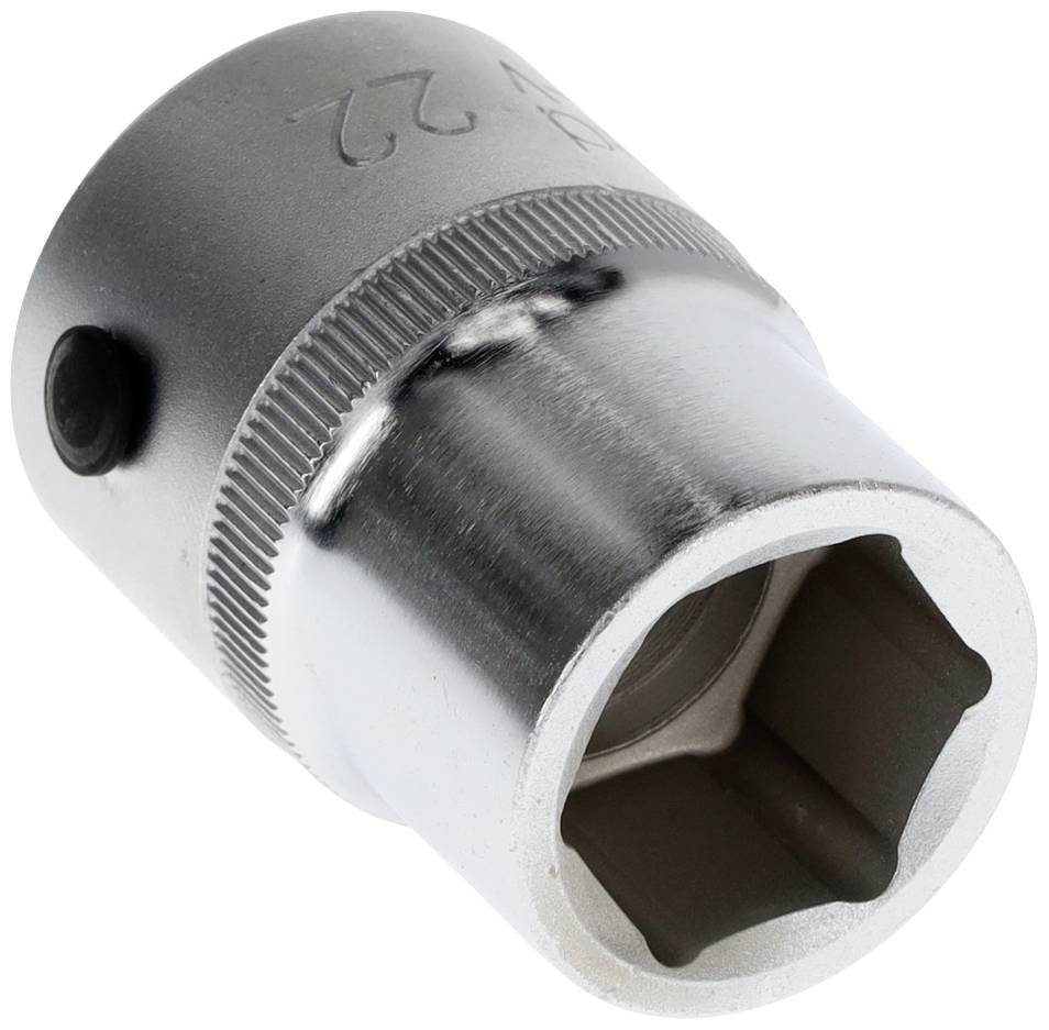 Chromfarbene Steckschlüsselgröße 22 mm mit sechseckiger Öffnung aus Metall für Schraubarbeiten.