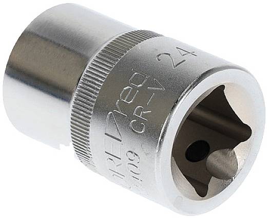 Metall-Steckschlüsselaufsatz, rund, silbern, mit geriffeltem Ring für besseren Halt. Geprägte Zahlen und Buchstaben an der Seite.