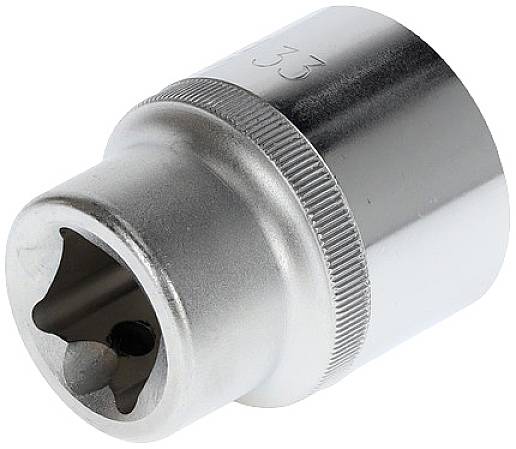 Metallische Stecknuss, seitlichkermiert, silber glänzend mit gerändeltem Griff und eingesetztem Vierkantprofil für Werkzeuge.