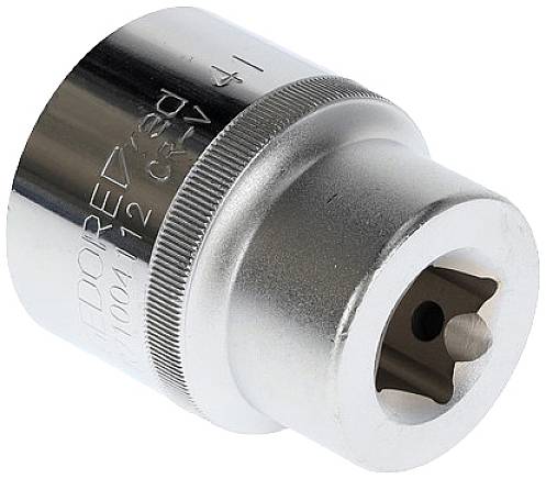 Silberner Steckschlüsseladapter mit zylindrischer Form und Aussparung für Werkzeugaufnahme. Geeignet für mechanische Anwendungen.