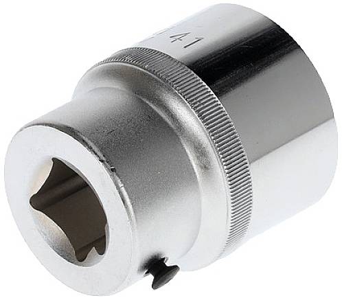 Metallischer Steckschlüsseladapter in zylindrischer Form mit sechseckiger Öffnung, verwendet zur Verbindung mit verschiedenen Werkzeugen.