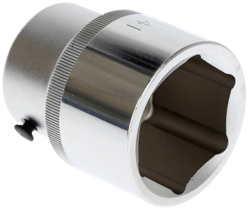 Eine große silberne Schraubnuss mit einem gerändelten Ring und einem rechteckigen Befestigungsloch.