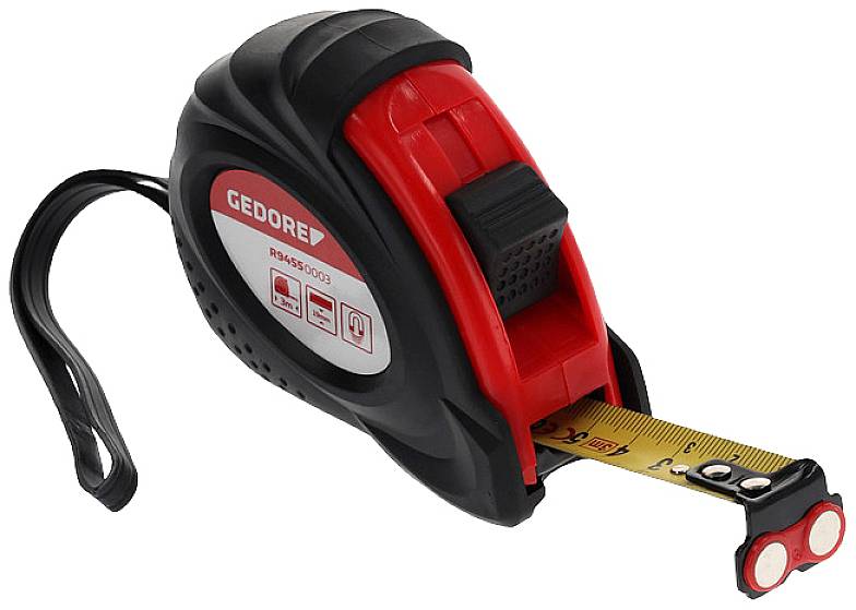 Ein rot-schwarzes Maßband rollt sich aus. Es ist handlich, mit einem Clip und einer Schlaufe ausgestattet.