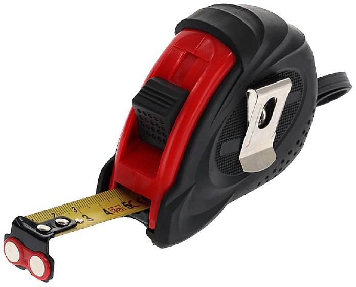 Schwarzes und rotes Maßband mit ausgefahrenen 4 cm der Messskala.