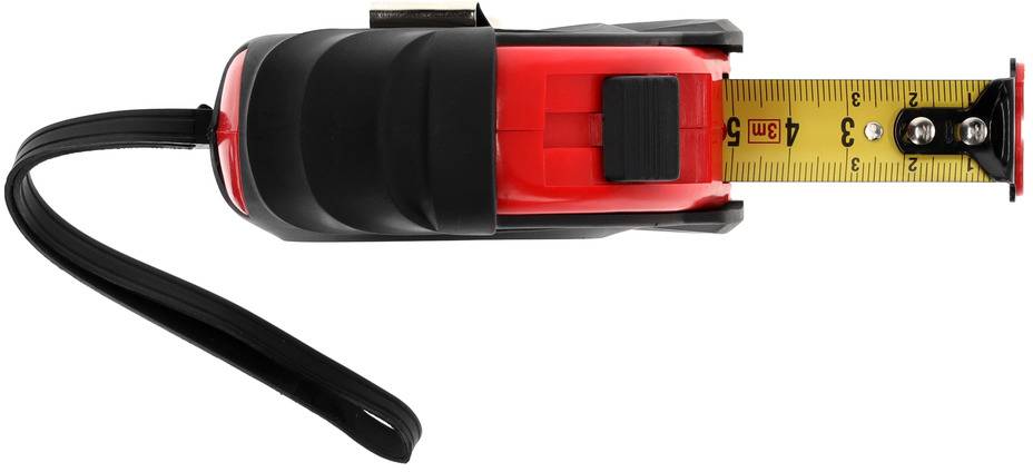 Maßband mit schwarzem Gehäuse und rotem Akzent; zeigt Längenmessung mit hervorgehobenen Zahlen.
