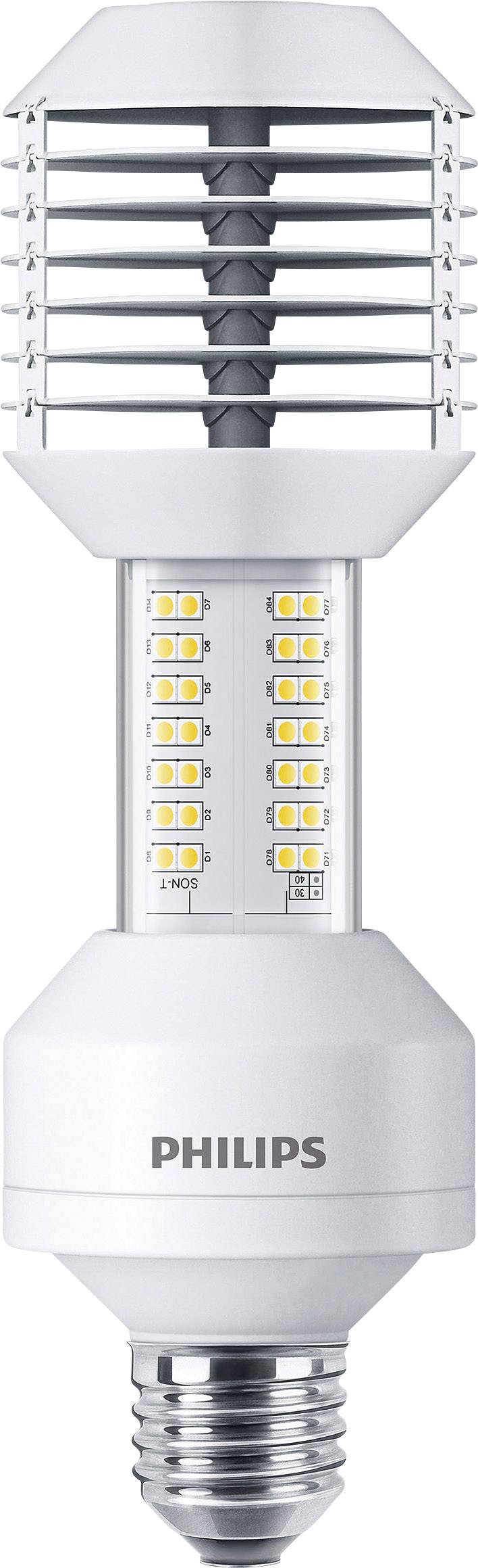 LED-Glühbirne von Philips mit sichtbaren LEDs und Lamellenkonstruktion in der oberen Hälfte, für bessere Wärmeableitung.
