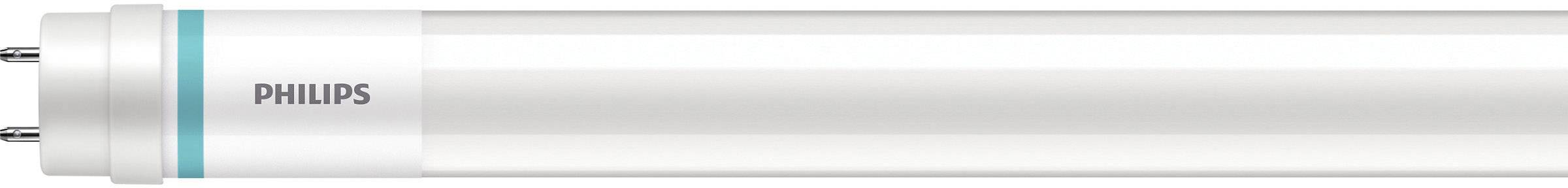 Eine weiße, längliche Leuchtstoffröhre mit der Aufschrift 'PHILIPS' und einem blauen Streifen nahe dem Ende.