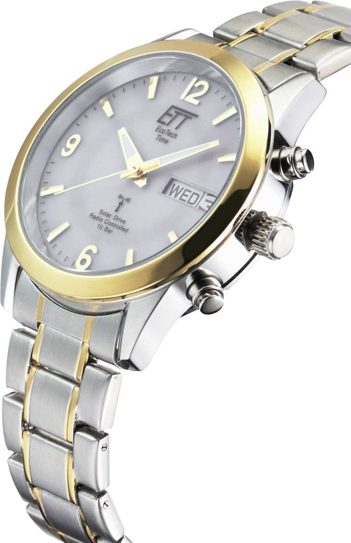 ETT Funk, Solar Funkuhr EGS-11253-12M (Ø x H) 40mm x 13mm Edelstahl (gebürstet), Gelbgold Gehäusematerial=Edelstahl Material