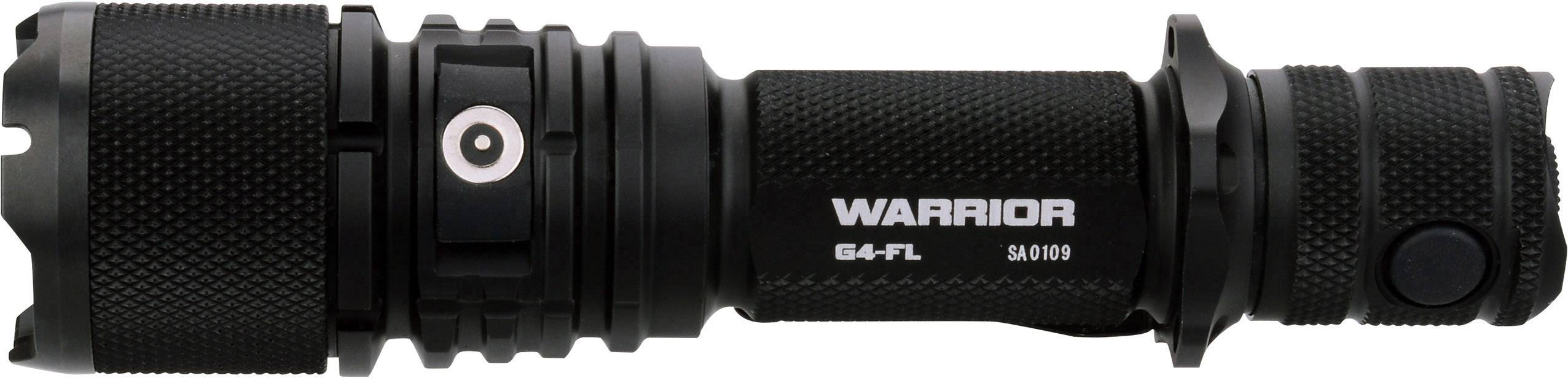 Schwarze, taktische Taschenlampe mit griffiger Oberfläche und Schriftzug 'WARRIOR G4-FL S4000' an der Seite.
