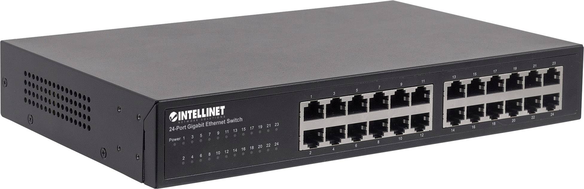 Intellinet 24-Port Gigabit Ethernet Switch mit Anzeigen für Power und Link-Status, geeignet für Netzwerkverbindungen in Büros.