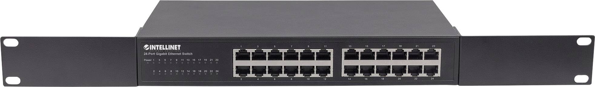 Ein 24-Port-Ethernet-Switch in einem schwarzen Gehäuse für die Rackmontage. Vorderansicht zeigt Ports und Status-LEDs.